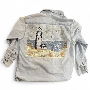 Vintage button up denim shirt with sparkly hand painted lighthouse & ocean scene